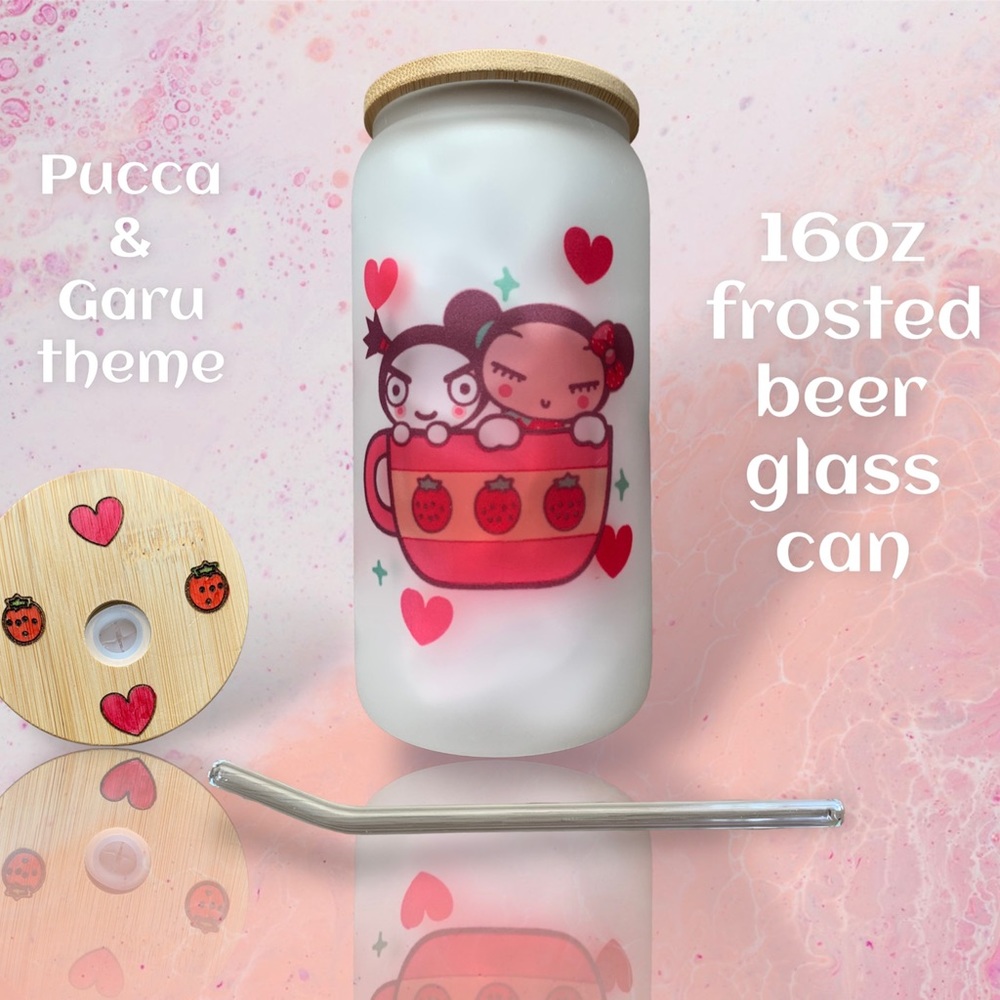 Pucca and Garu theme 16oz frosted beer glass can